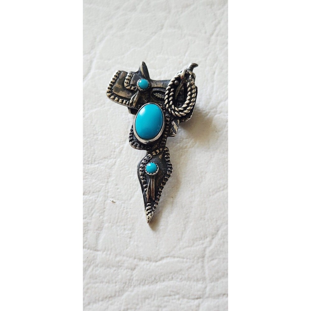 Vintage Bolo Tie Nice Sterling Silver Horse Saddle Cowboy Turquoise Pendant Only